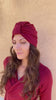 Flavia amato indossa Turbante BEA accessori di moda sostenibili bordeaux caldo cotone felpato biologico moda sostenibile abbigliamento etico artigianale brand malia lab