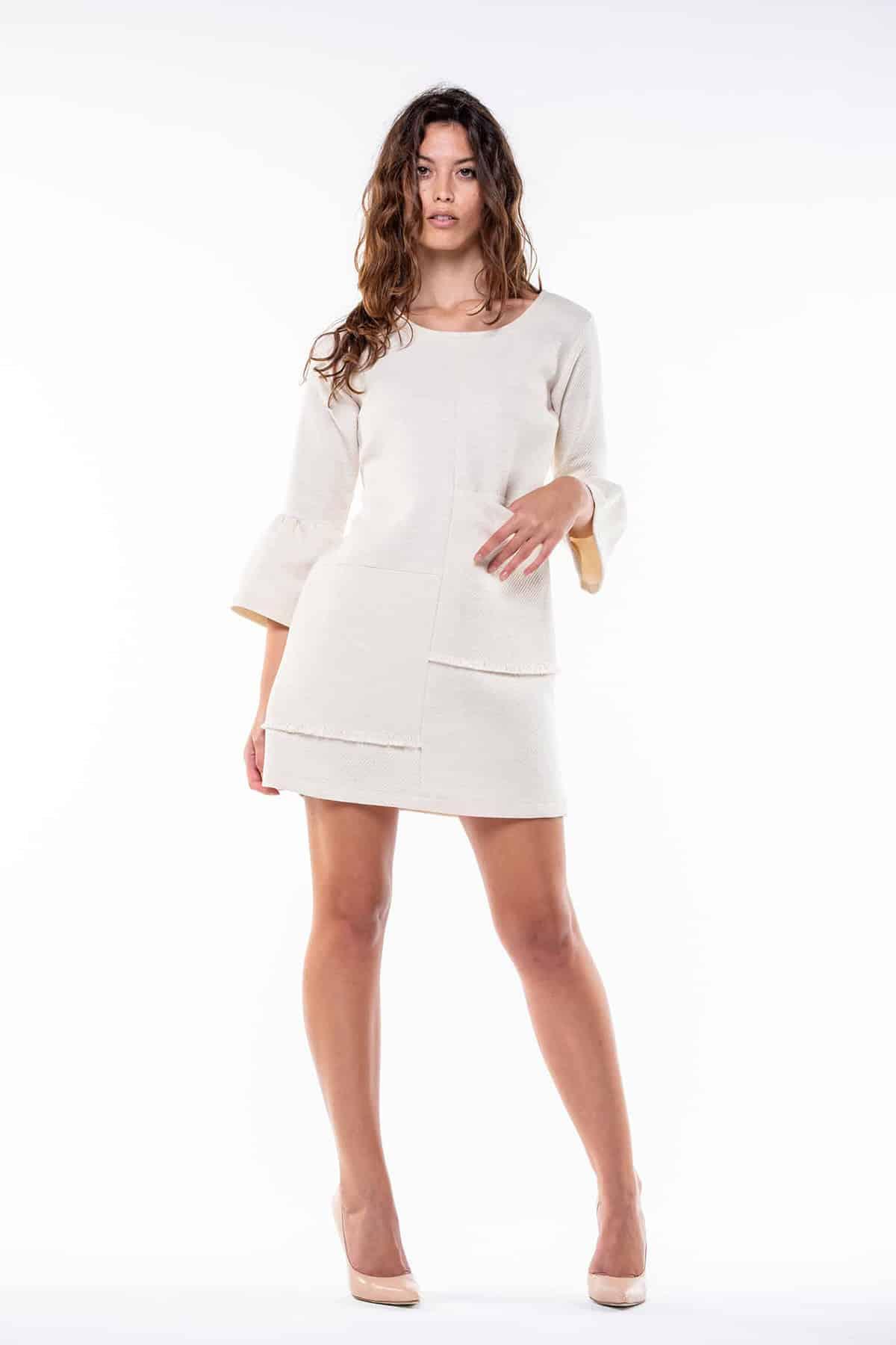 Abito Marta Lana biologica Cotone biologico Canapa biologica Lino Biologico abito su misura abbigliamento sostenibile vestiti su misura vestiti ecosostenibili donna brand malia lab moda etica vista frontale