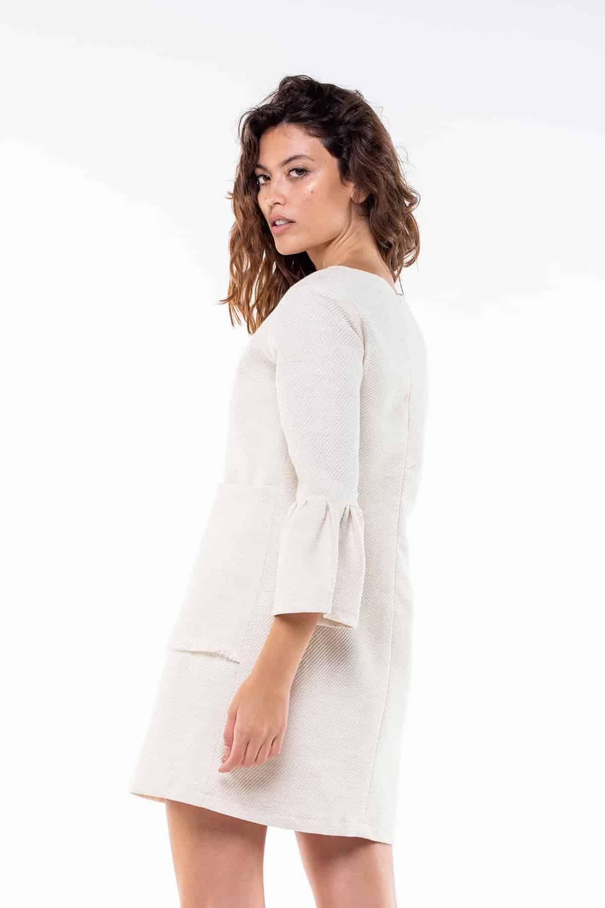 Abito Marta Lana biologica Cotone biologico Canapa biologica Lino Biologico abito su misura abbigliamento sostenibile vestiti su misura vestiti ecosostenibili donna brand malia lab moda etica vista posteriore