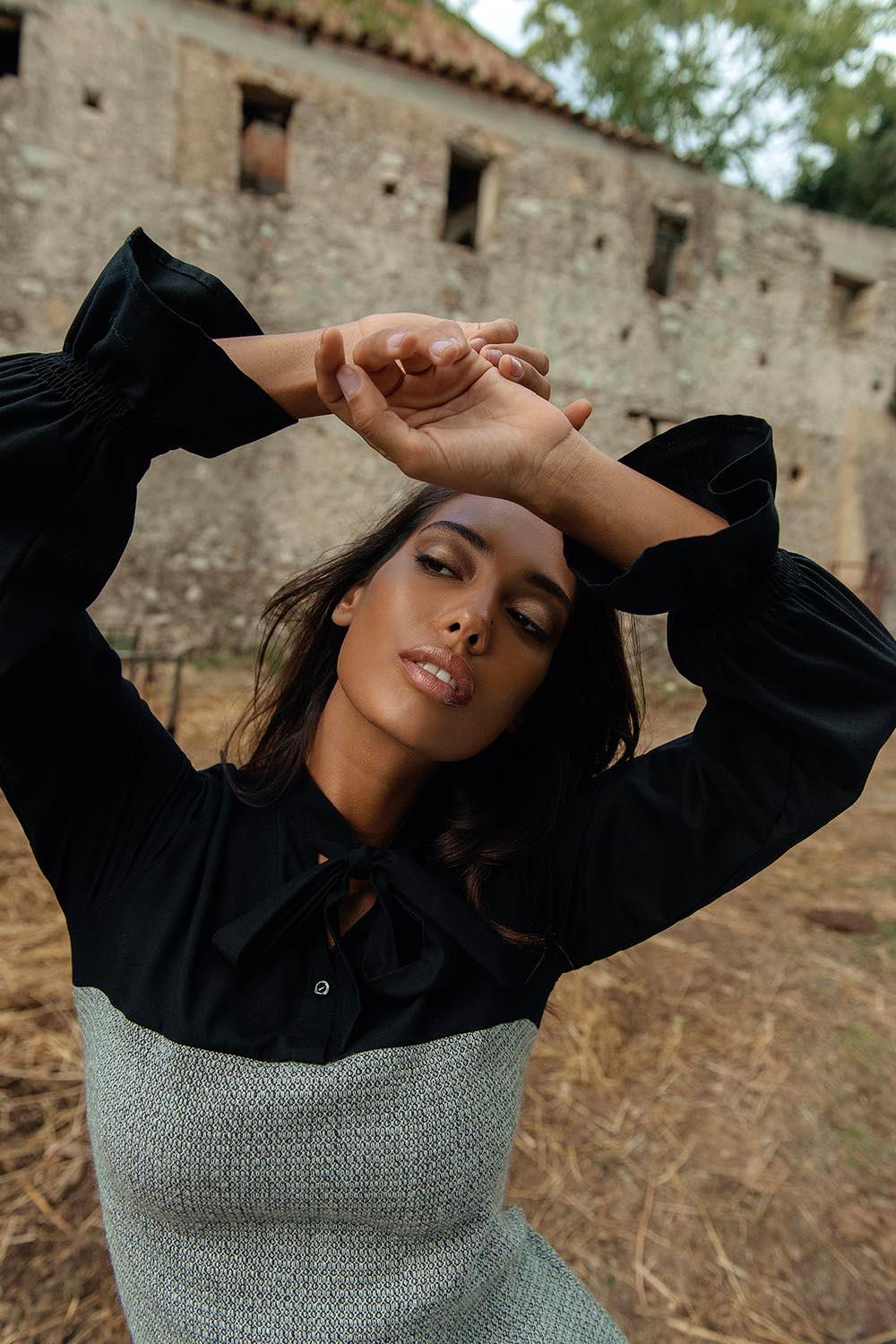 Abito in lana biologica STEPHANIE parte superiore stile camicia in lyocell moda etica artigianale brand malia lab abbigliamento biologico sostenibile abbigliamento sartoriale donna ecosostenibile dettaglio ravvicinato