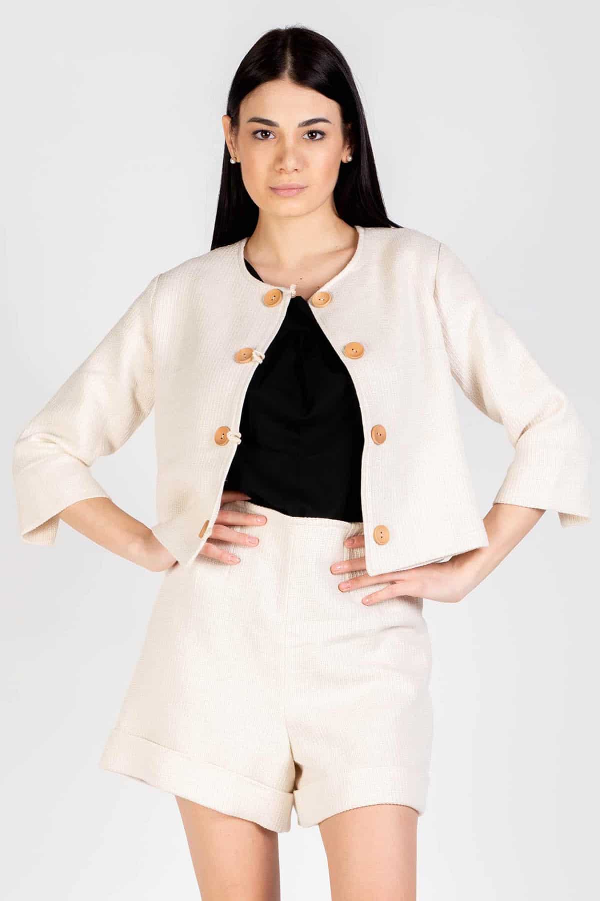 Bolero Doris lana biologica cotone biologico brand malia lab moda sostenibile abbigliamento sostenibile artigianale 4 stagioni giacca sartoriale vista frontale