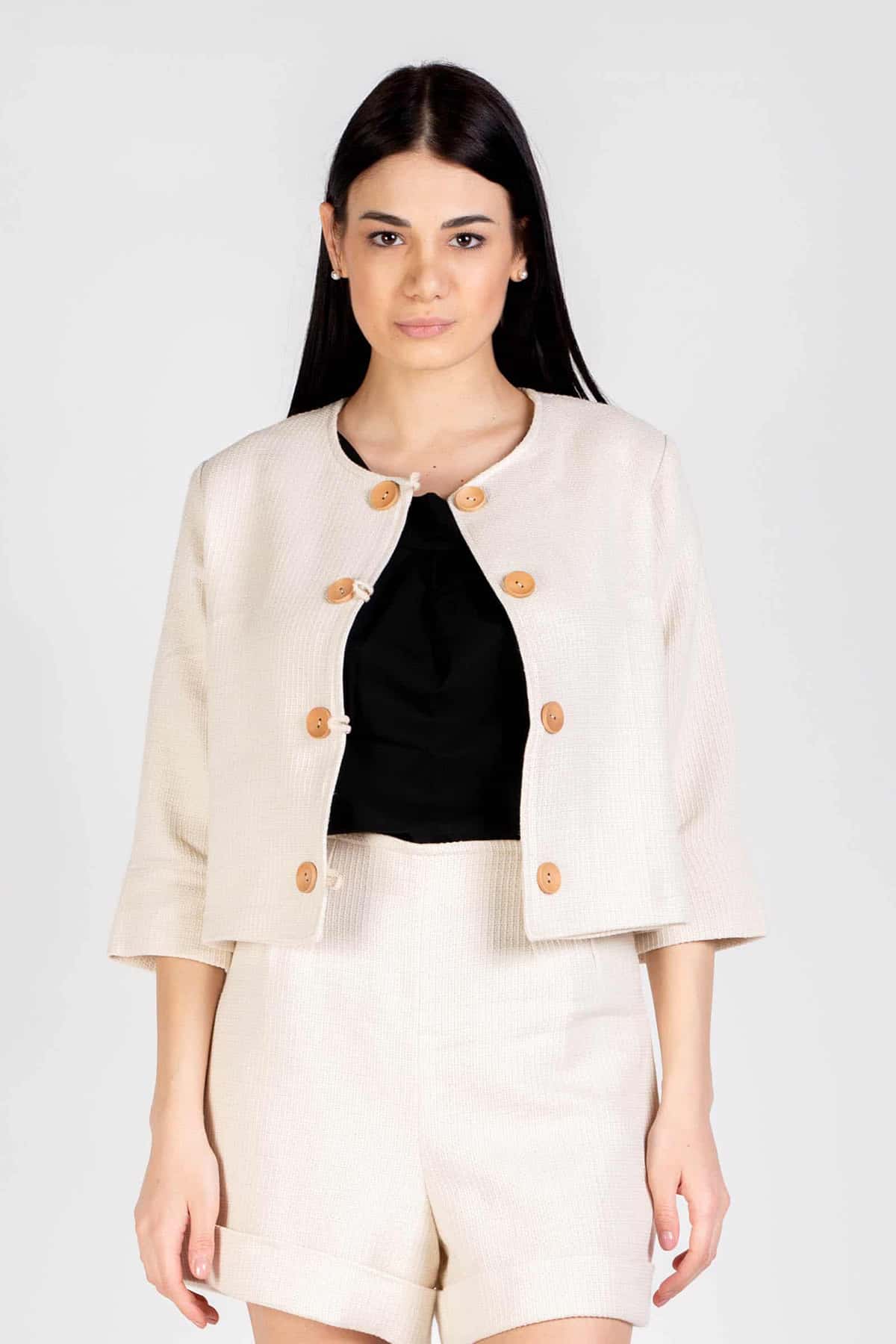 Bolero Doris lana biologica cotone biologico brand malia lab moda sostenibile abbigliamento sostenibile artigianale 4 stagioni giacca sartoriale dettaglio frontale