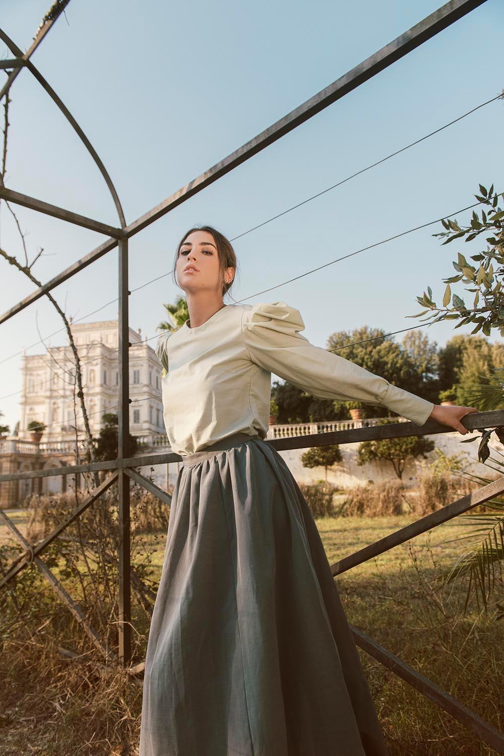 Gonna in cupro cotone biologico tessuti sostenibili svasato brand malia lab artigianale sartoria abbigliamento sostenibile gonna sartoriale gonna su misura vestiti ecosostenibili donna