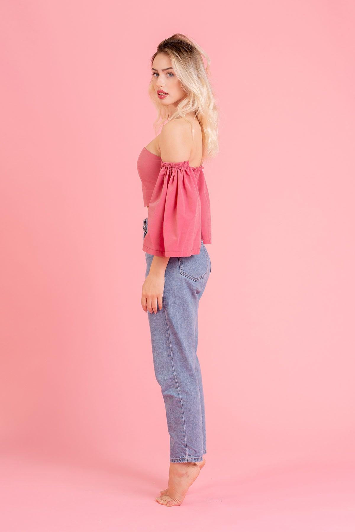 Maglia top June cupro cotone biologico filati naturali brand malia lab moda biologica artigianale sostenibile manica a palloncino vista laterale