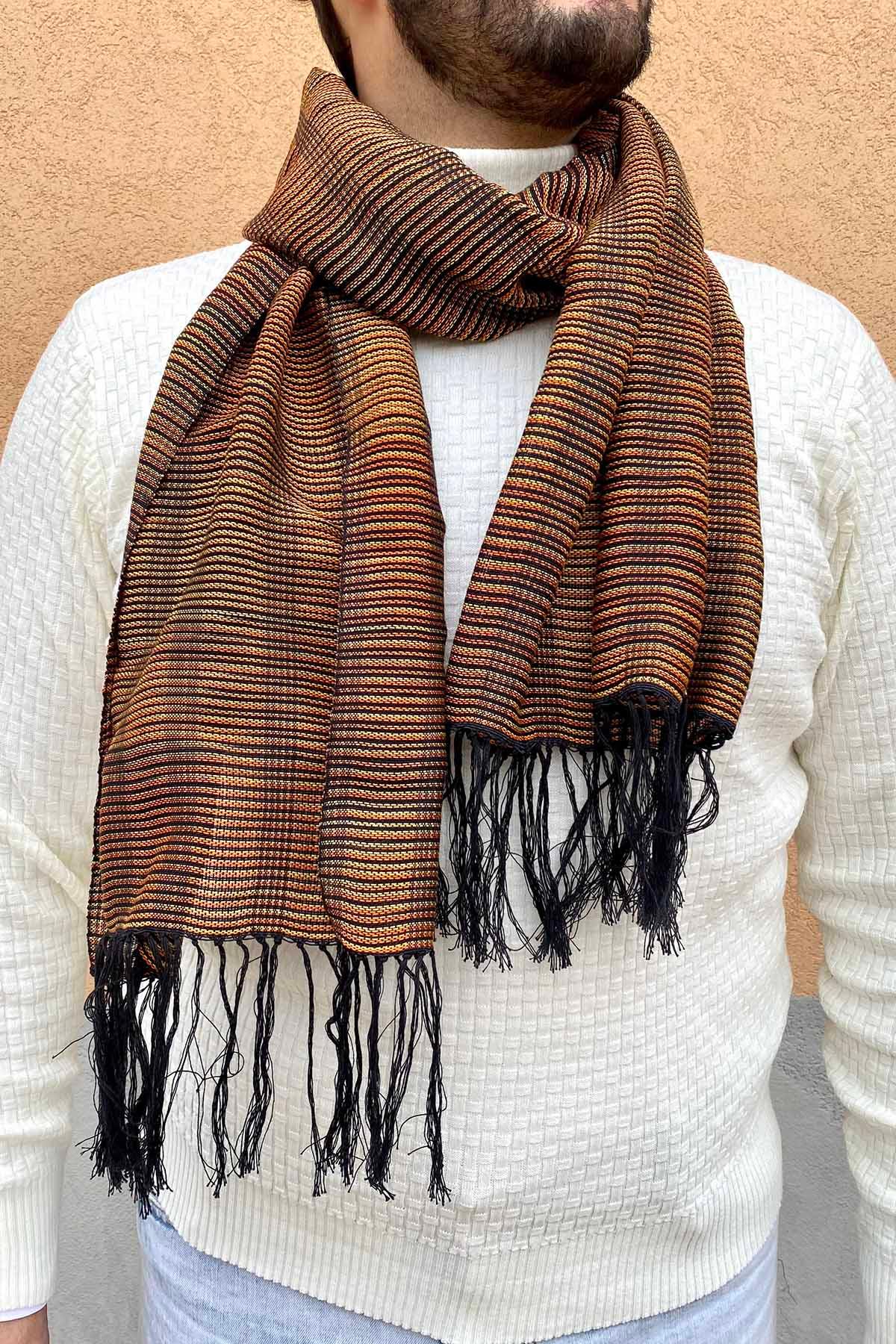 Sciarpa ANDREA unisex realizzata a telaio manuale calabrese Malìa Lab Atelier di moda biologica artigianale etica Accessori Cotone color ruggine e arancione