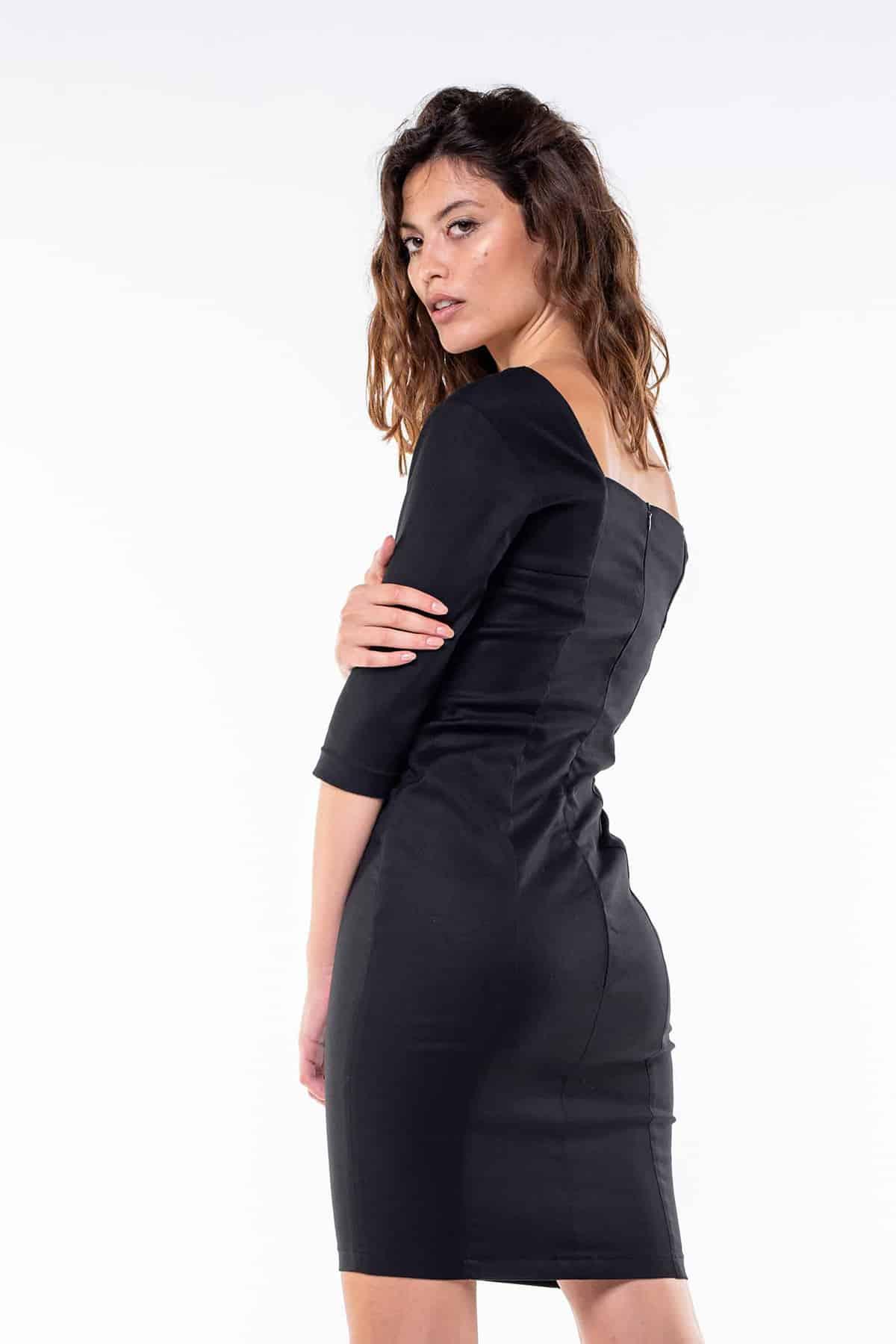 Abito Carla tubino in bamboo ecologico abbigliamento sartoriale artigianale abbigliamento etico brand malia lab vestiti sostenibili fibre certificate variante nera dettaglio posteriore